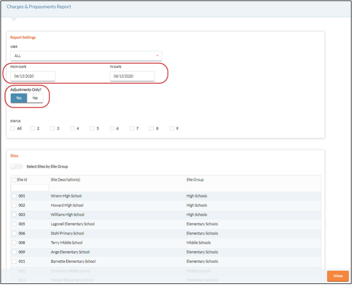 charges and prepayments report screen
